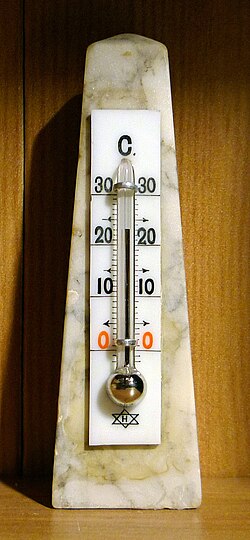 Mercury thermometer (mercury-in-glass thermometer) for measurement of room temperature.[1]