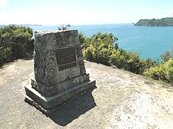 Memorial of Cook's observation of a transit of Mercury, incorrectly located across the bay from where Cook made his observation, at Shakespeare Cliff lookout near Cooks Beach.