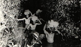 Three people are seen on the woods