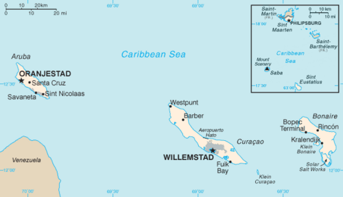 Map of the Dutch Caribbean islands, all part of the Kingdom of the Netherlands. Aruba, Curaçao and Sint Maarten are separate constituent countries within the Kingdom, whereas Bonaire, Sint Eustatius, and Saba are part of the constituent country of the Netherlands.
