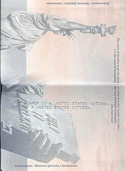 Message in the passport of an American Samoan, stating that the passport holder is a national, but not a citizen, of the U.S.