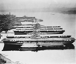 Mothballed Yorktown at Puget Sound Naval Shipyard in 1948. From front to rear Essex, Ticonderoga, Yorktown, Lexington, Bunker Hill, Bon Homme Richard