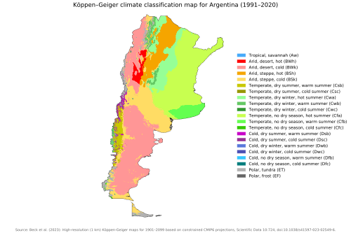 Map showing the different climate zones found within Argentina based on the Köppen climate classification