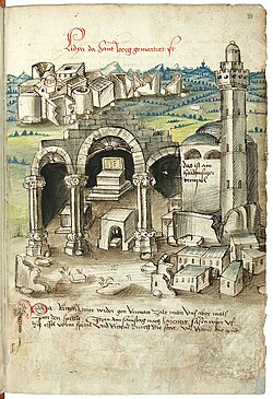 Diospolis with ruined church over the tomb of Saint George and adjacent Mosque of Al-Khadr, Konrad von Grünenberg, 1487