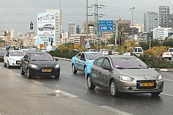 Parade of Renault Fluence Z.E. electric cars enabled with battery swapping technology to commemorate the first deliveries to Better Place employees in Israel in January 2012.[127][128]