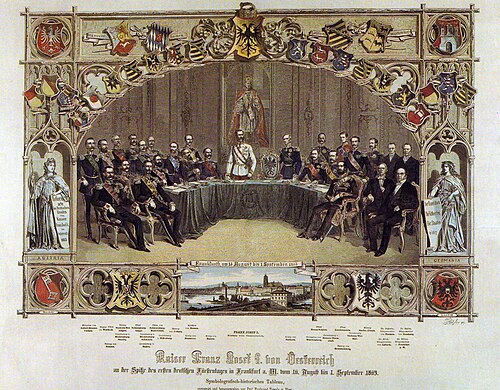 allegory of the members of the German Confederation, led by the Kaiser Franz Joseph on the occasion of the Congress of Princes (1863).