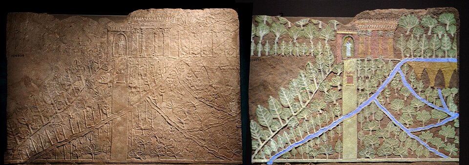 Relief depicting the gardens of Ashurbanipal in Nineveh (left) with a color reconstruction (right). As can be seen on the right side of the relief, the garden featured sophisticated irrigation aqueducts.