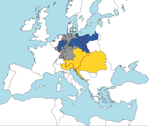 The German Confederation in 1820. Territories of the Prussian crown are blue, territories of the Austrian crown are yellow, and independent German Confederation states are grey. The red border shows the limits of the Confederation. Both Prussia and Austria controlled non-Confederation lands.