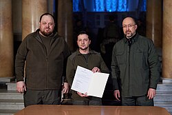 Verkhovna Rada chairman Ruslan Stefanchuk, Ukrainian President Volodymyr Zelenskyy and Ukrainian Prime Minister Denys Shmyhal after signing of the application for membership in the European Union during the war on 28 February 2022