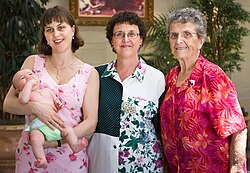 A baby, mother, grandmother, and great-grandmother. In humans, grandparents often help to raise a child.