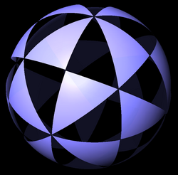 A sphere colored to show the 48 fundamental domains of octahedral symmetry.