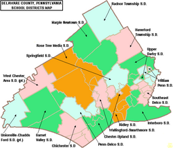 Map of Delaware County, Pennsylvania public school districts with Unionville-Chadds Ford School District highlighted in blue in the western corner of the county.