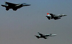 An Egyptian F-16C Block 40 with a USN F/A-18 Hornet and a USAF F-15 Eagle during Bright Star 05