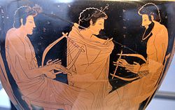 A painting on an ancient Greek vase depicts a music lesson (c. 510 BC)