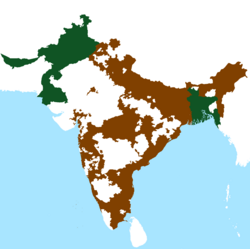 The territory of British India partitioned between India (brown) and Pakistan (green). The remaining unshaded areas were princely states.