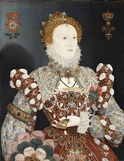 Tudor rose (upper left) slipped and crowned from the Pelican Portrait of Elizabeth I.