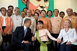Nobel Peace Prize laureate Aung San Suu Kyi and her staff at her home in Yangon
