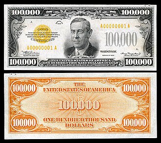 A 1934 $100,000 gold certificate depicting Wilson