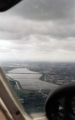The Chingford Reservoirs: Looking south over the twin basins of the King George V Reservoir and the William Girling Reservoir in background