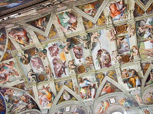 Michelangelo painted the ceiling of the Sistine Chapel; the work took approximately four years to complete (1508–1512). Between (top and bottom respectively) The Creation of Eve and Separation of Land and Water this fresco can be seen.