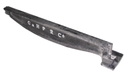 A cast iron fishbelly edge rail manufactured by Outram at the Butterley Company for the Cromford and High Peak Railway in 1831; these are smooth edge rails for wheels with flanges.