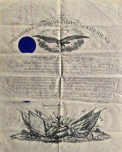 Brevet document of President Andrew Johnson, issued 2. April 1867