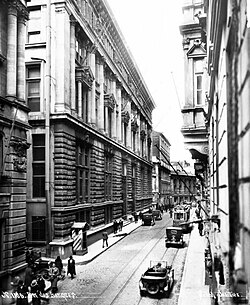 A view of Bankalar Caddesi (Banks Street) in the late 1920s. Completed in 1892, the Ottoman Bank headquarters is seen at left. In 1995 the Istanbul Stock Exchange moved to İstinye, while numerous Turkish banks have moved to Levent and Maslak[94]