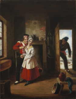 The Jealous Husband (1847), a genre painting by Cornelius Krieghoff depicting a cuckolded husband