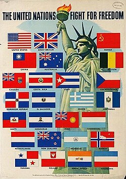 Poster depicting the flags of the "United Nations", including Belgium, that signed the Declaration of 1942.