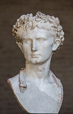 Roman bust of Augustus wearing a laurel crown