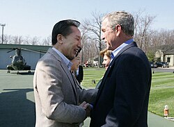 Lee shakes hands with United States President George W. Bush upon his arrival at Camp David, Maryland, United States, 18 April 2008.