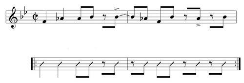 Top: opening measures of "Manteca" melody. Bottom: common mambo bell pattern (2-3 clave).