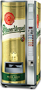 Vending machines can be used to sell goods such as food, beverages, and services such as tickets to events or public transport. A beer vending machine is pictured.