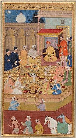 Akbar holds a religious assembly of different faiths in the Ibadat Khana in Fatehpur Sikri.