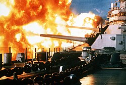 USS New Jersey fires a salvo against targets in the Shouf, 9 January 1984.