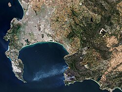 Satellite image of Cape Town showing the Cape Peninsula (left), Cape Flats and False Bay