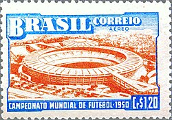 Postage stamp featuring the Maracanã, commemorating the 1950 FIFA World Cup.