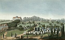 The cemetery, an English-style park, with the tomb of Héloïse and Abélard (top right) (1815)