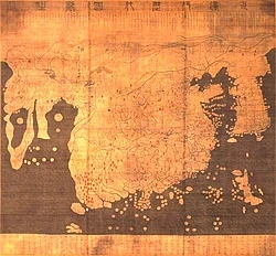 Kangnido reflects the geographic knowledge of China during the Mongol Empire when geographical information about Western countries became available via Islamic geographers.[235]