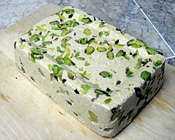 A tahini-based halva with pistachios
