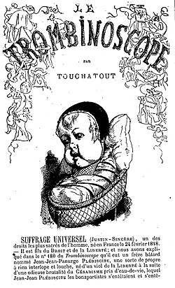 Satirical drawing by Touchatout depicting the birth of universal suffrage, "one of the most sacred rights of Man, born in France on 24 february 1848."