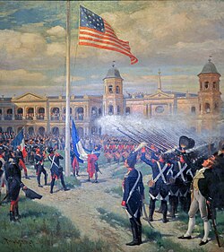 The French flag is removed and the American flag is hoisted in New Orleans after the Louisiana Purchase.