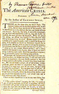 The cover of Thomas Paine's The American Crisis, published the week before Washington's covert crossing of the Delaware, infused a much-needed sense of optimism into Continental Army troops, who were beginning to doubt their ability to prevail militarily against the British Army, then the largest and most powerful army in the world. It also inspired delegates in the Second Continental Congress, who were troubled by recent Continental Army military defeats.