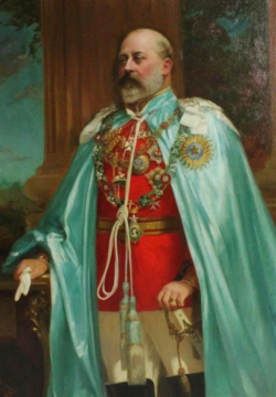 Edward VII wearing the Order of the Star of India. He became an extra knight of the order in 1861, while Prince of Wales.[149] Portrait by Alfred James Downey.
