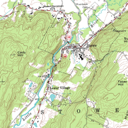 Topographic map of Stowe, Vermont. The brown contour lines represent the elevation. The contour interval is 20 feet.
