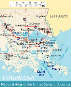 This 21st-century map shows Barataria Bay (lower right), near Grande Isle.