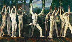 The Barricade by the American artist George Bellows, inspired by an incident in August 1914 where German soldiers used Belgian civilians as human shields