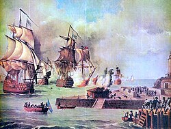 An illustration of the Battle of Cartagena de Indias, a major Spanish victory in the War of Jenkins' Ear[79]