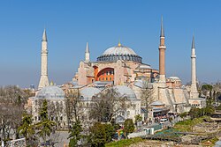 Emperor Justinian I commissioned the current Hagia Sophia after the previous one was destroyed in the Nika riots of 532. It was converted into a mosque in 1453 when the Ottoman Empire captured the city, while it served as a museum from 1935 to 2020, when it was converted back to a mosque.
