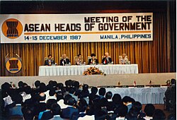 Hassanal Bolkiah (seated far left) at the 3rd ASEAN Summit on 14–15 December 1987